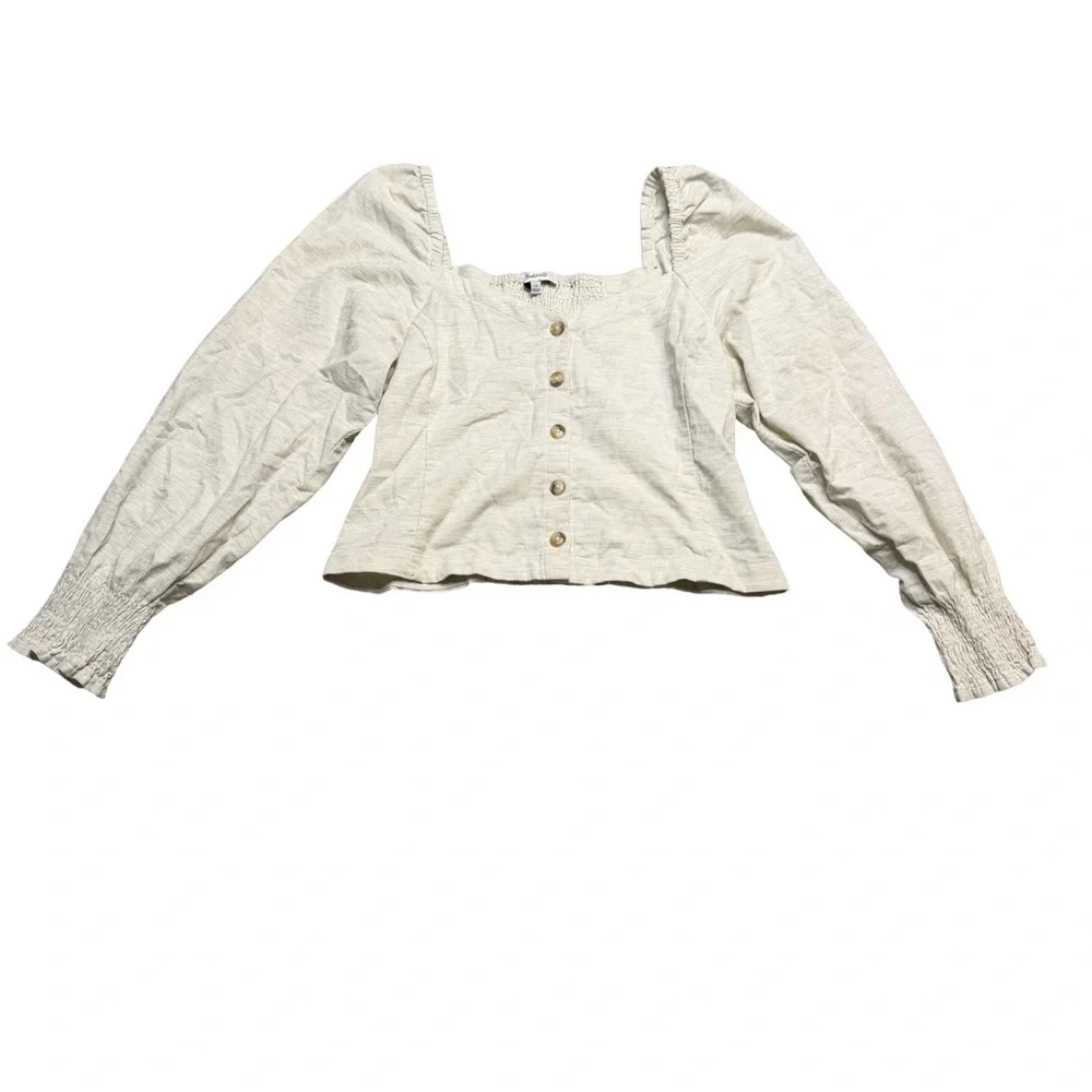 🤍 Madewell Cream Corduroy Sweetheart Smocked Top Size‎ 10 Puff Sleeve 🤍
